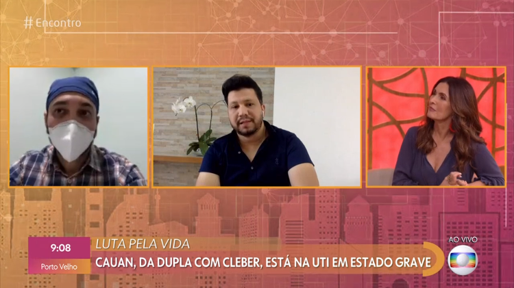 Fernando (à esq.), irmão do sertanejo Cauan, comparece com Cleber (no centro) ao 'Encontro' por Reprodução/Globoplay