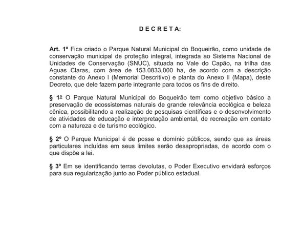 Decreto Nº 224, de 11 de maio de 2015, cria o Parque Natural Municipal do Boqueirão