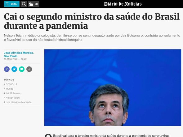 Diário de Notícias: O jornal português diz que o ministro se demitiu por se sentir desau- torizado e ressaltou que o Brasil terá o  terceiro ministro  na Pandemia por Reprodução