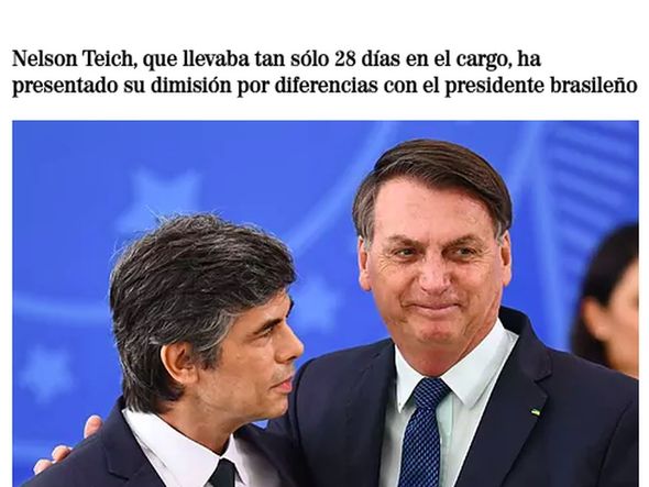 El Mundo: O jornal espanhol publicou que a escalada da tensão entre Jair Bolsonaro e o ministro Teich era “cada vez mais evidente” e lembrou que ministro ficou apenas 28 dias por Reprodução