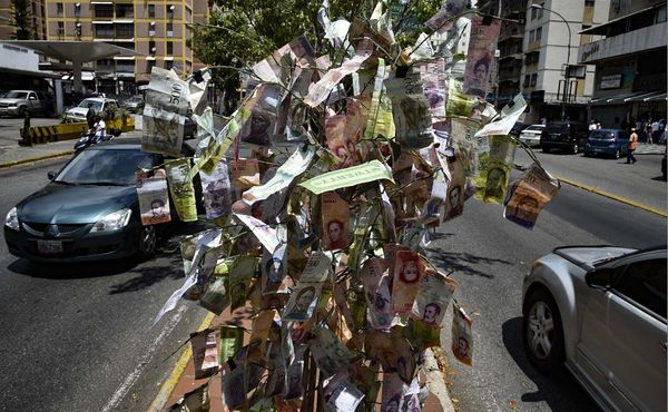 Árvore decorada com as cédulas inúteis dos bolívares venezuelas em Caracas durante uma queda de energia geral no país.  por YURI CORTEZ / AFP