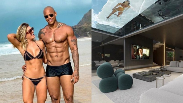 Leo Santana e Lore Improta com piscina no meio da mansão
