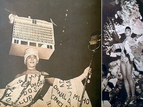 Joãozinho em dois momentos marcantes do Carnaval do Rio, em 55 e 56, quando se fantasiou de imprensa e de vedete  por Fotos: Reprodução/Revista O Cruzeiro