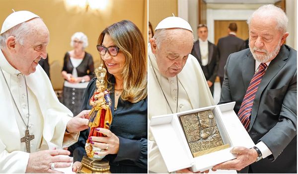 Santa, gravura e escultura de bronze: Lula e Janja trocam presentes com o papa Francisco