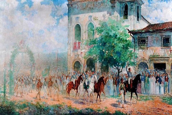 Quadro do artista O artista Presciliano Silva retratou a chegada das tropas baianas limpinhas e felizes em Salvador, mas a realidade foi bem diferente. Eles estavam sujos e famintos