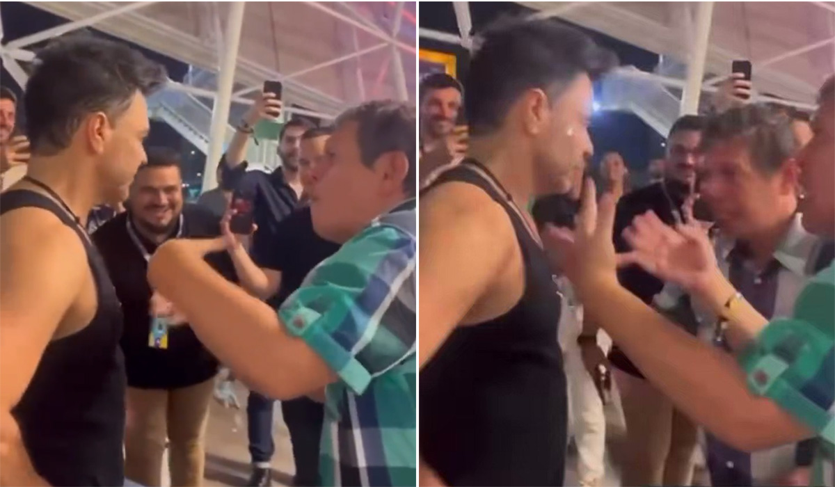 Zezé Di Camargo imita um dos irmãos gêmeos Ângelo e Augusto Maia em encontro após show por Reprodução/Redes sociais