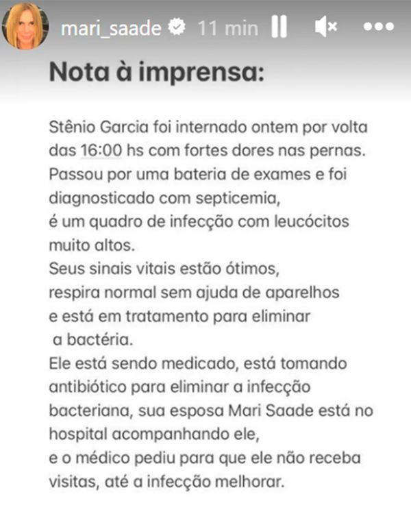 Esposa comenta internação do ator Stenio Garcia