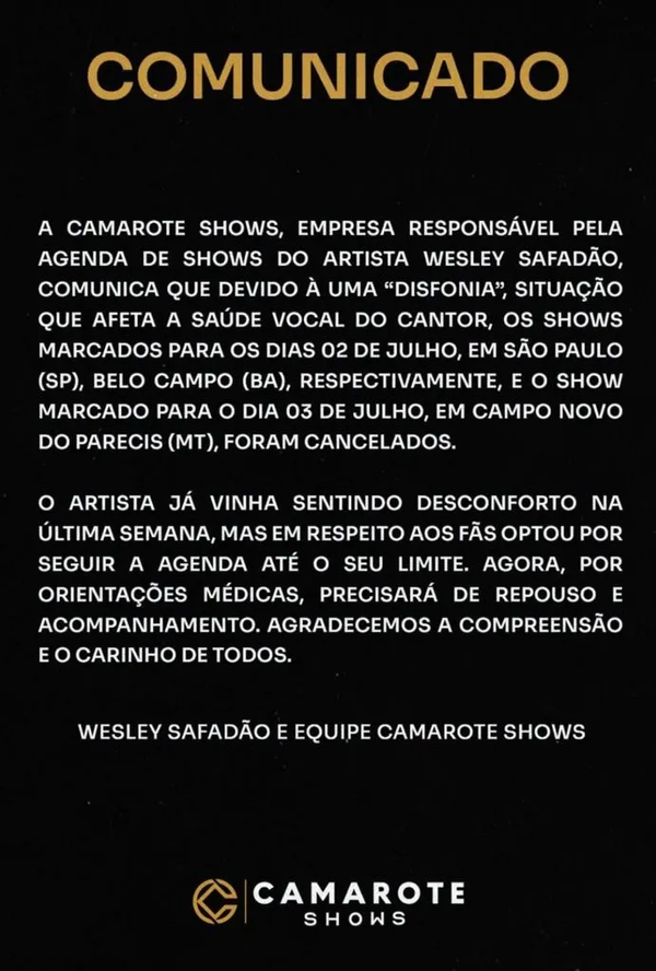 Comunicado saúde de Wesley Safadão