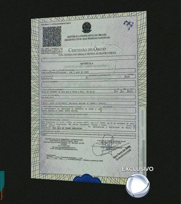 Certidão de óbito de Gal Costa