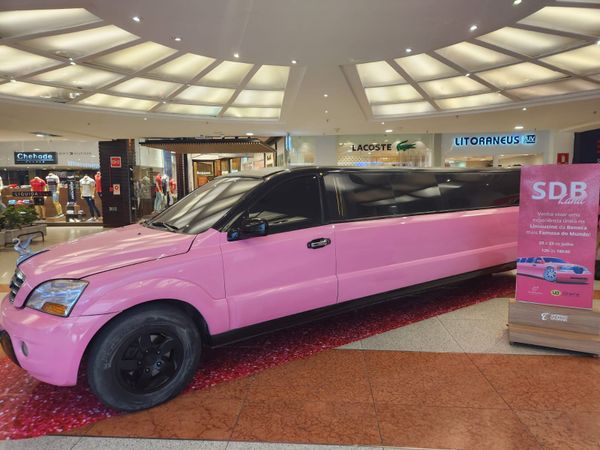 Uma limusine rosa foi estacionada no meio do shopping da Bahia para os clientes