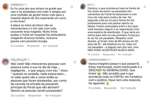 Foliões foram até o perfil da cantora para relatar que estavam feridos e assustados