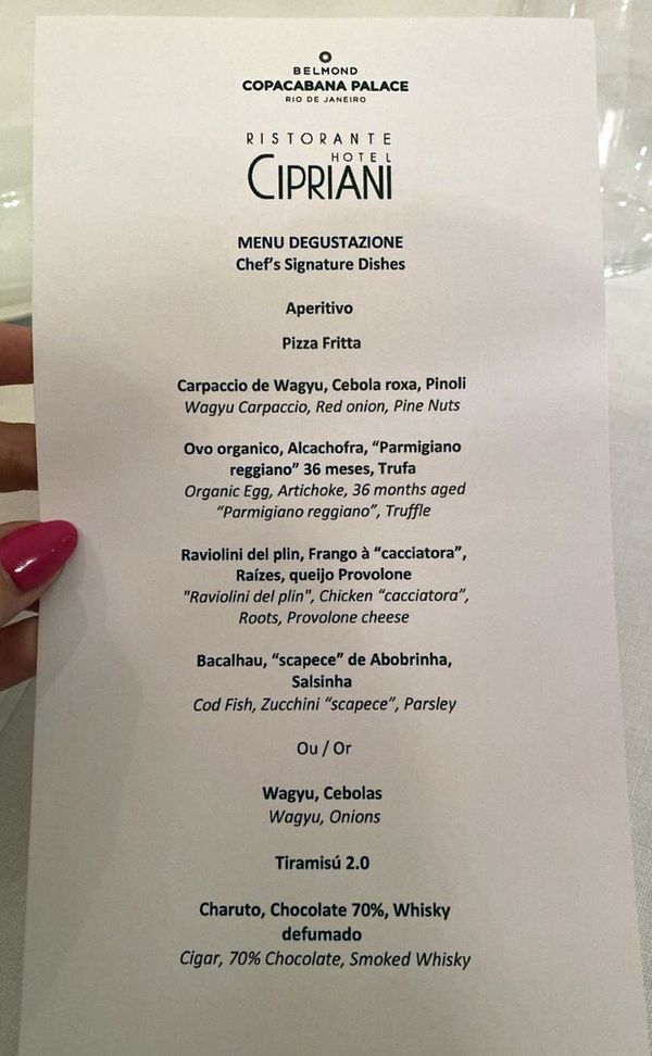 Uma das opções de Menu Degustação do restaurante Cipriani