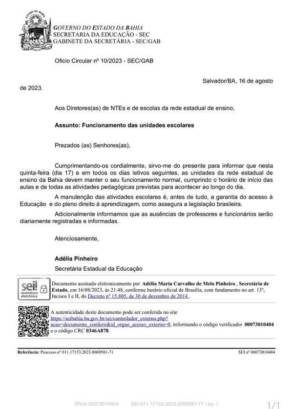 Ofício assinado pela secretária Adélia Pinheiro 