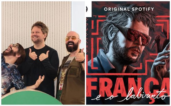 Selton Mello entre Alexandre Ottoni e Deive Pazos. Os dois são do jovem Nerd, empresa que produz o podcast