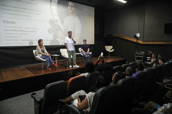 Pedro Tourinho, Fernando Guerreiro e Mila Paes no lançamento do programa