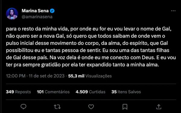 Marina Sena no Twitter por reprodução