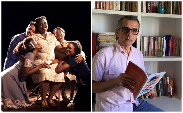 Elenco de Partiste; à direita, o dramaturgo Paulo Henrique Alcântara