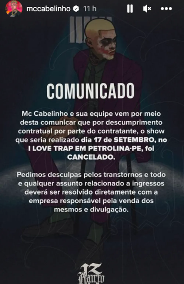 MC Cabelinho se defende após cancelamento por Redes sociais