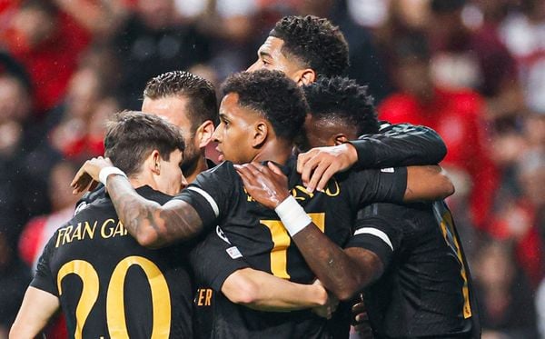 Jogadores do Real Madrid comemoram gol marcado por Rodrygo  por Real Madrid/Divulgação