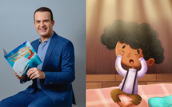 Ricardo Ishmael com o livro. Ao lado, ilustração de Heitor Neto