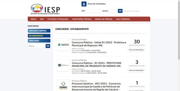 Home do site da Instituição suspeita de fraudar concursos públicos