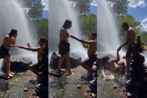 Noiva despenca durante pedido de noivado em cachoeira, e vídeo viraliza