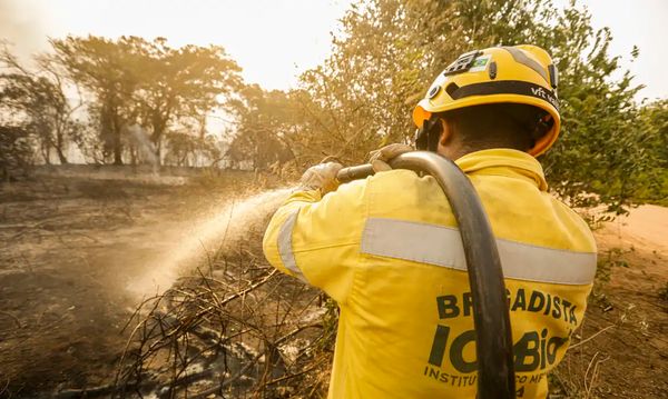 Brigadistas do ICMBIO fazendo resfriamento do fogo, durante incêndio florestal que atige o Pantanal