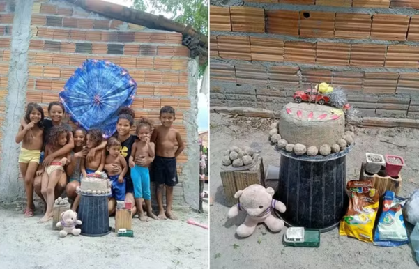 Criança ganha festa de aniversário com bolo de areia