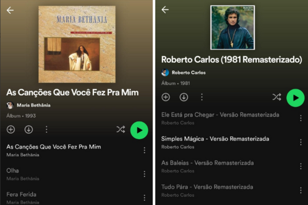 Músicas de cantores como Roberto Carlos, Djavan, Gal Costa e Maria Bethânia ficaram indisponíveis no Spotify