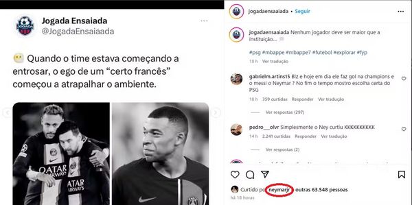 Publicação foi curtida pelo perfil de Neymar no Instagram