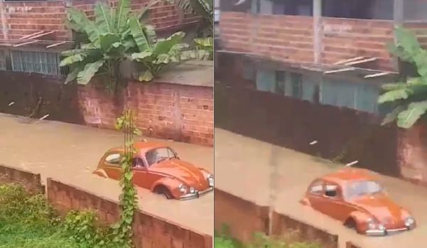 Moradores filmaram carro sendo levado pela água