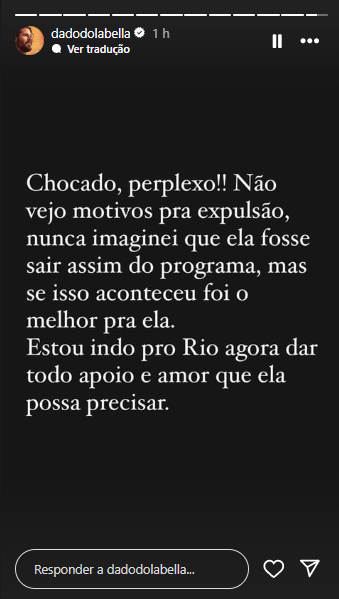   Dado Dolabella se diz “Chocado, perplexo!” após expulsão de Wanessa do BBB