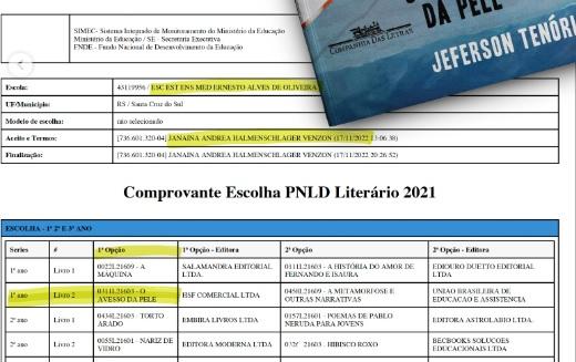 Comprovante de Escolha PNLD divulgado pela editora Companhia das Letras.