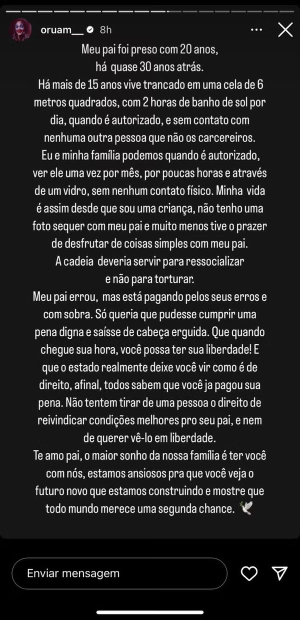 Oruam desabafa sobre prisão do pai, Marcinho VP