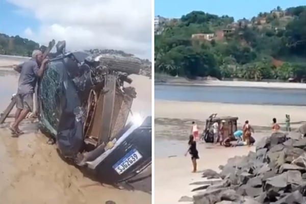 Um motorista ficou ferido após o carro capotar e cair na areia de uma praia, na zona norte de Ilhéus