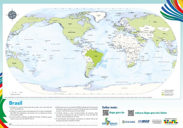 Mapa-múndi com Brasil no centro