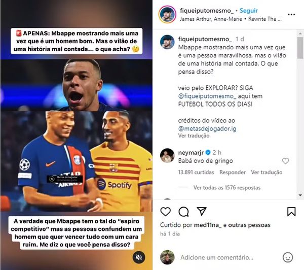 Neymar alfinetou postagem que elogiou Mbappé
