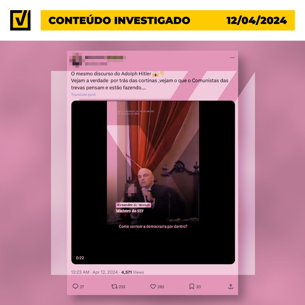Post engana ao dizer que Alexandre de Moraes planeja “corroer a democracia por dentro”