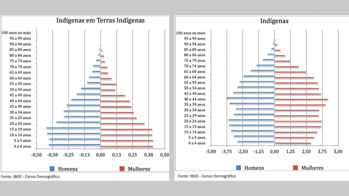 Pirâmide etária das terras indígenas (esquerda) mostra que menos pessoas chegam à terceira idade por Reprodução/IBGE