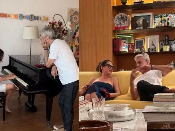 Imagem - Filho de Alinne Moraes chama Caetano de 'vovô' e toca piano para o cantor