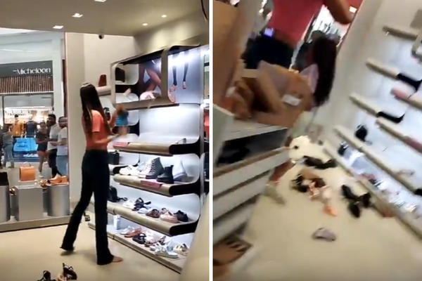 Uma mulher foi flagrada em shopping de Feira jogando sapatos de uma loja no chão 