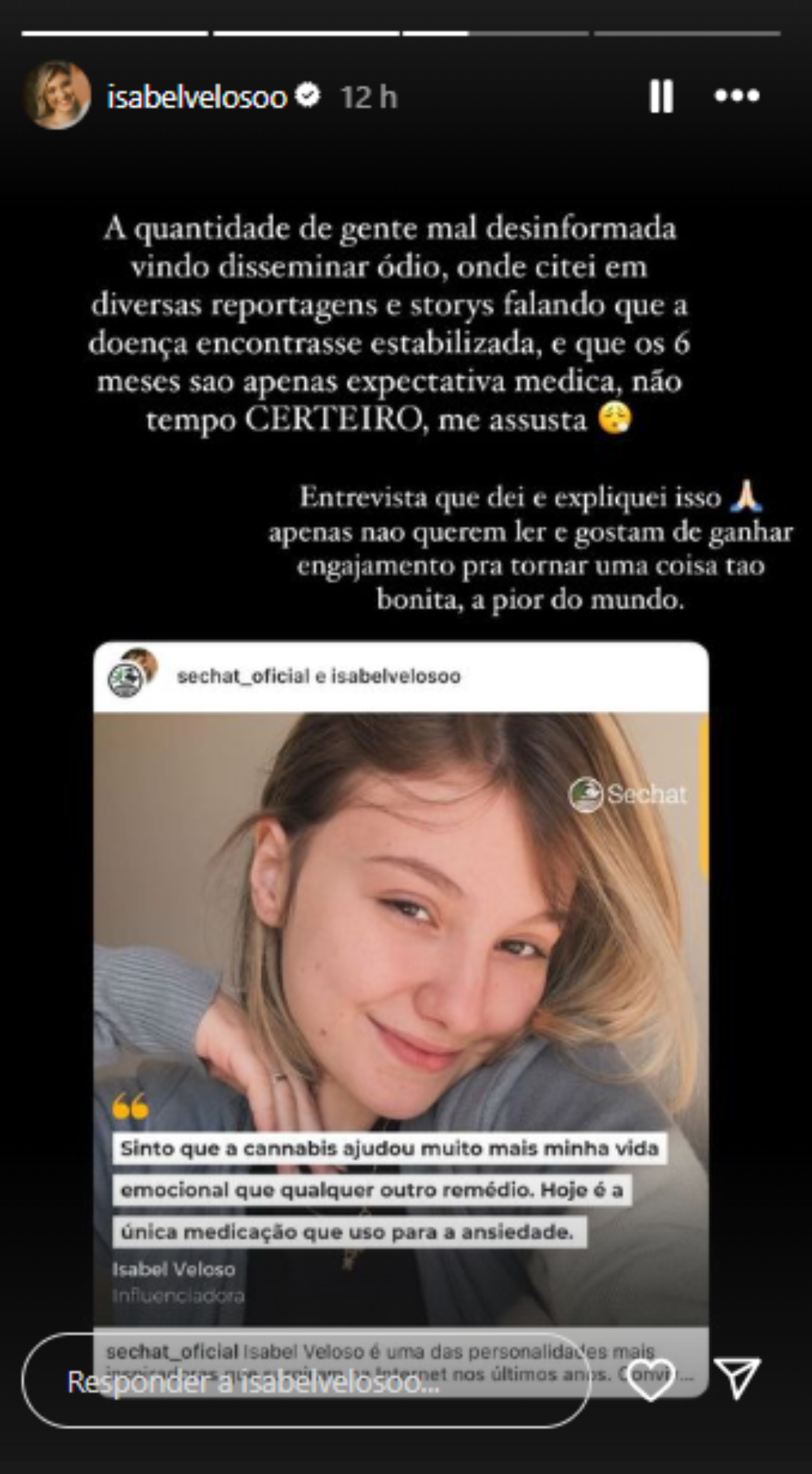 Story de Isabel Veloso por Instagram