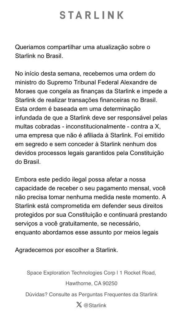 Carta da Starlink aos consumidores