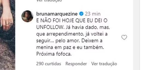 Bruna Marquezine se manifesta sobre unfollow em Yasmin Brunet