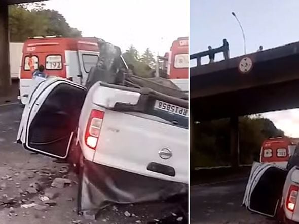 Imagem - Caminhonete despenca de viaduto e cai na BR-324; motorista pulou de carro em movimento