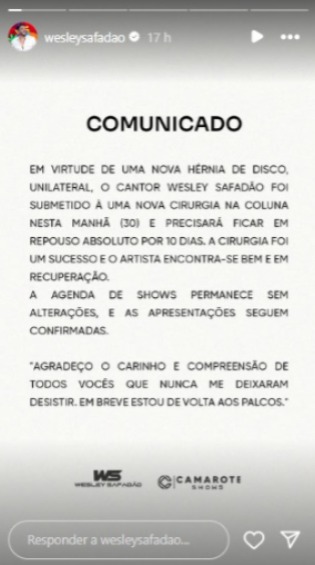 Comunicado da assessoria de Wesley Safadão