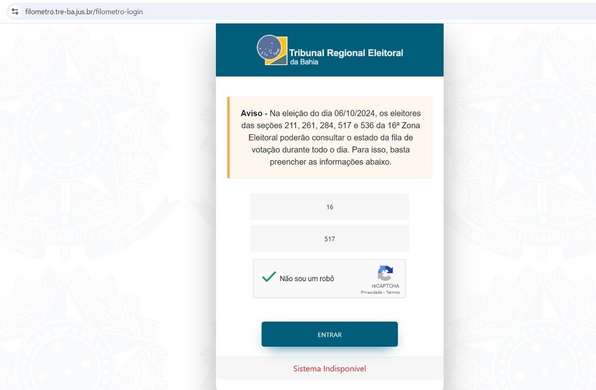 Filômetro eleitoral indisponível