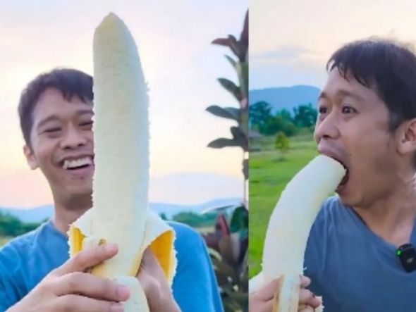 Imagem - Vídeo: Homem choca ao tentar comer banana gigante de 1,5kg