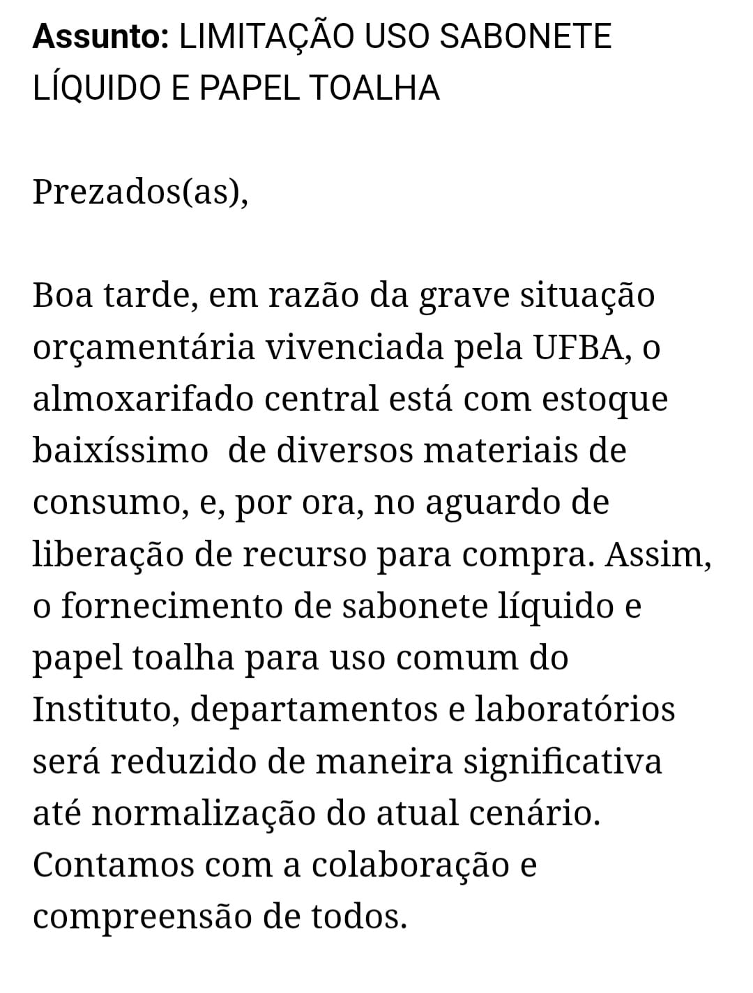 Comunicado enviado aos docentes do ICS/UFBA por Reprodução 