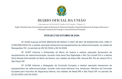 Diário Oficial da União garante equipamentos para estadia do casal da realeza